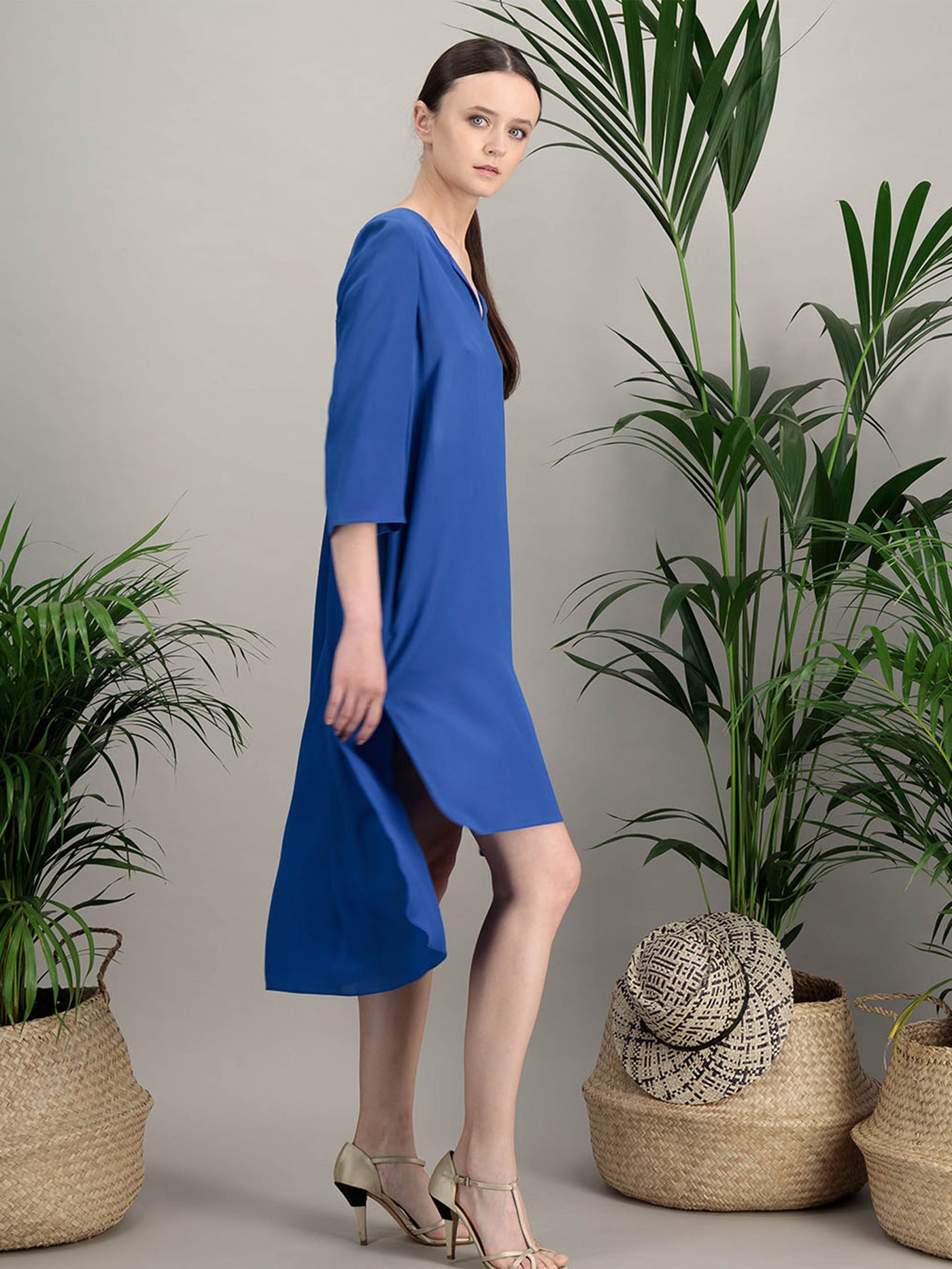 robe style kurta en crepe de soie bleu azur