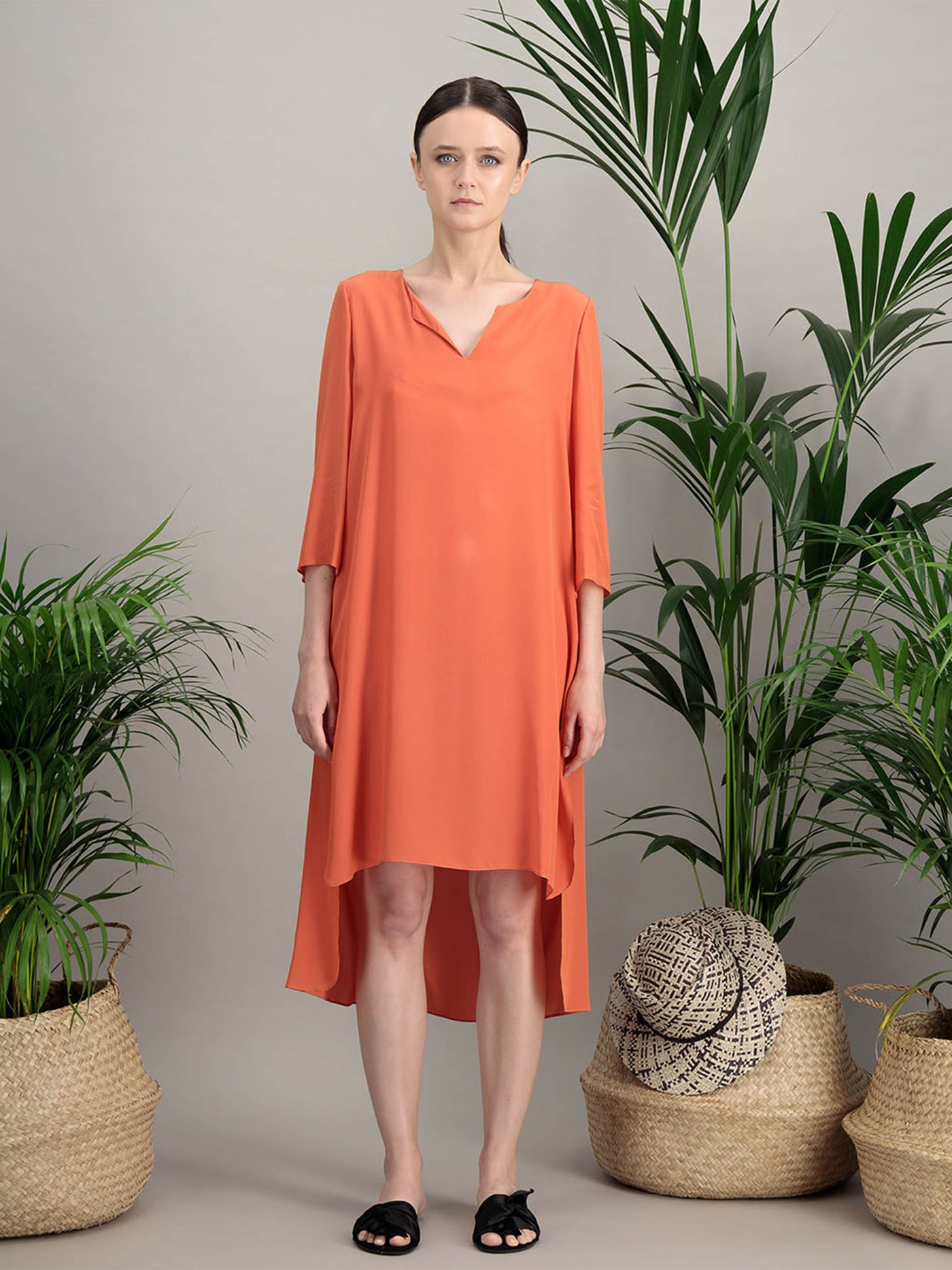 robe style kurta en crepe de soie orange