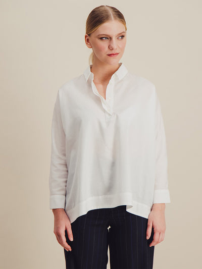 chemise oversize popeline coton blanc longue derriere courte devant de face