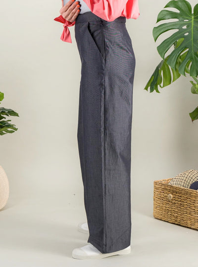 Pantalon large en coton lin taille haute fermeture zip invisible côté gauche