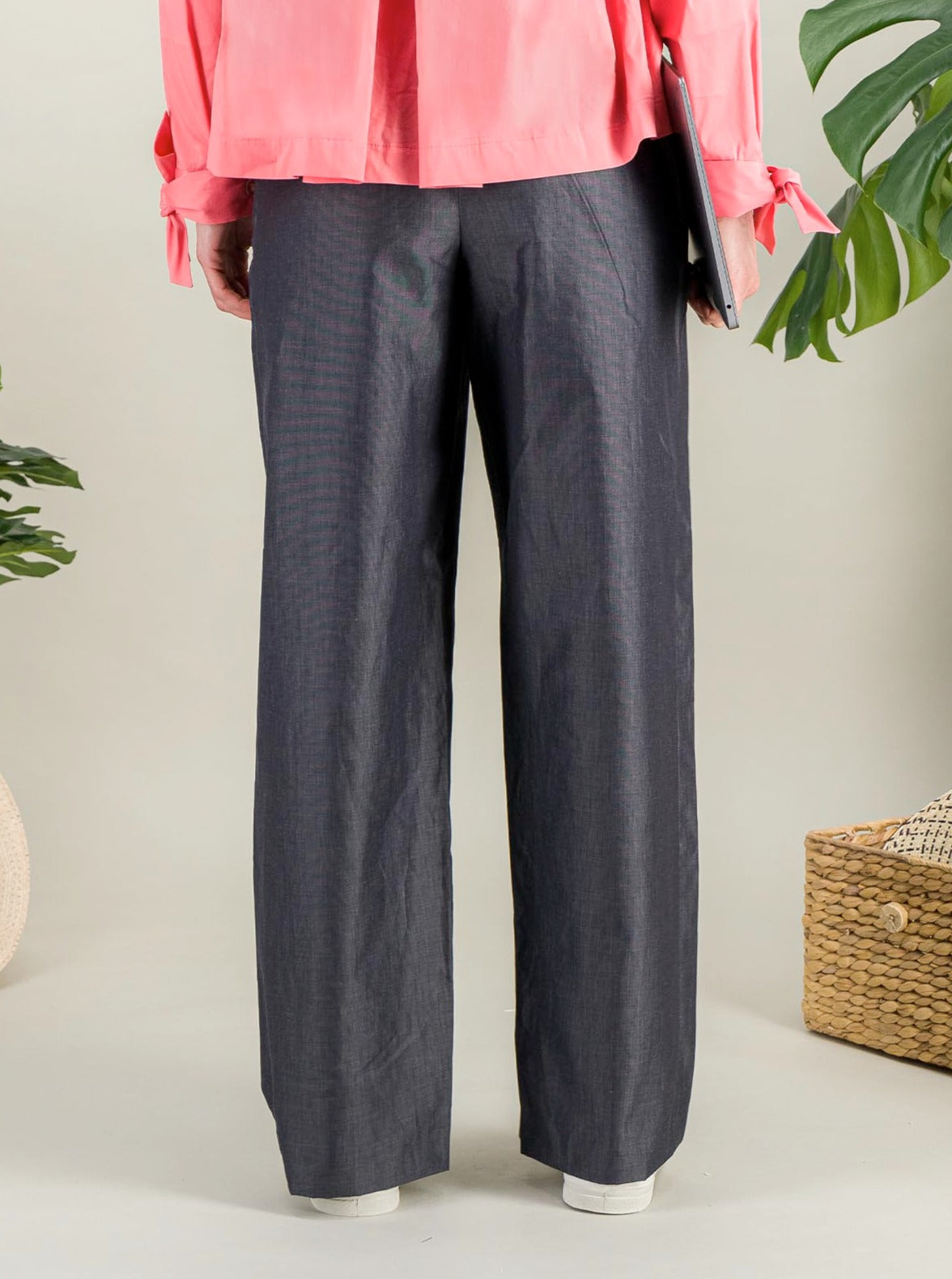 Pantalon large en coton lin taille haute sans poche à l'arrière