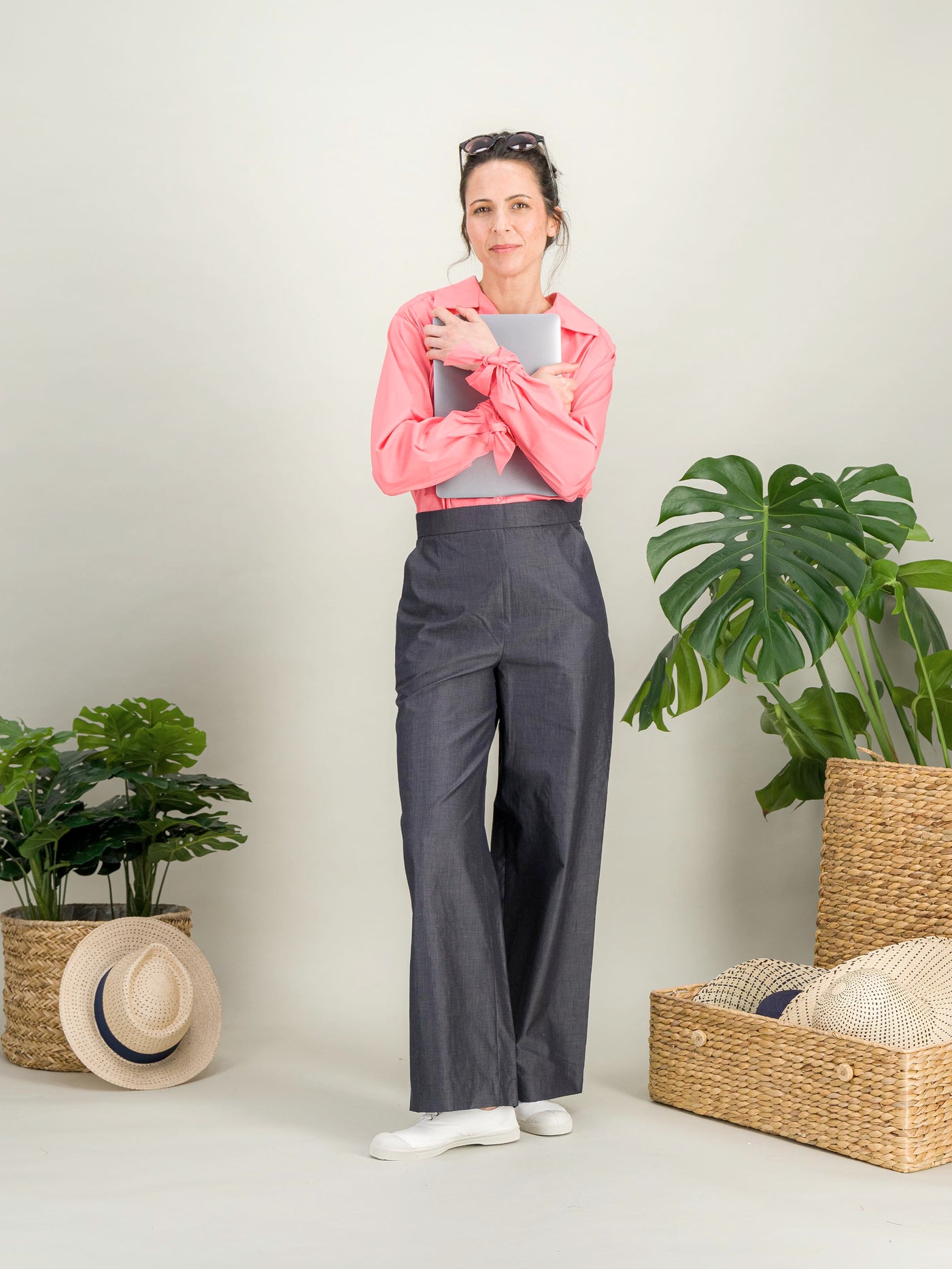 Pantalon large en coton lin taille haute
