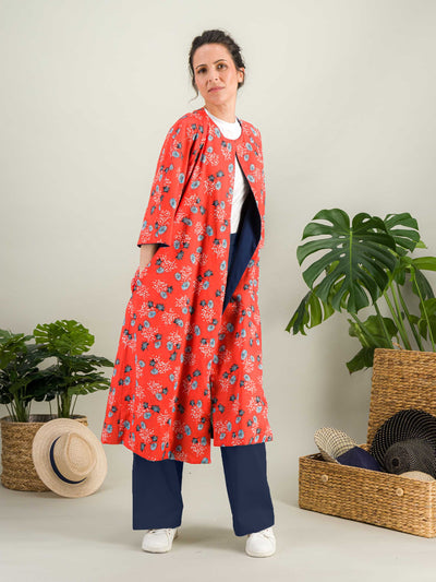 veste kimono imprimé floral rouge orangé 