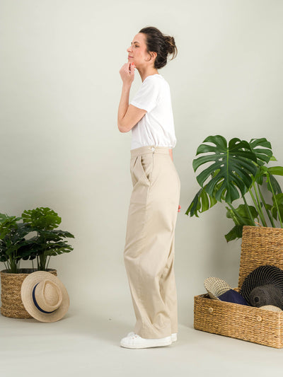 Pantalon large en coton stretch beige taille haute style casual chic
