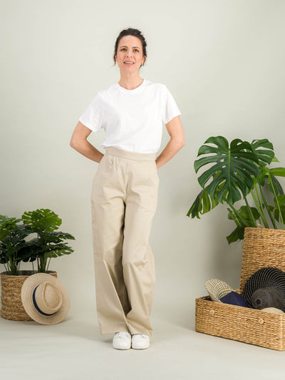Pantalon large en coton stretch beige