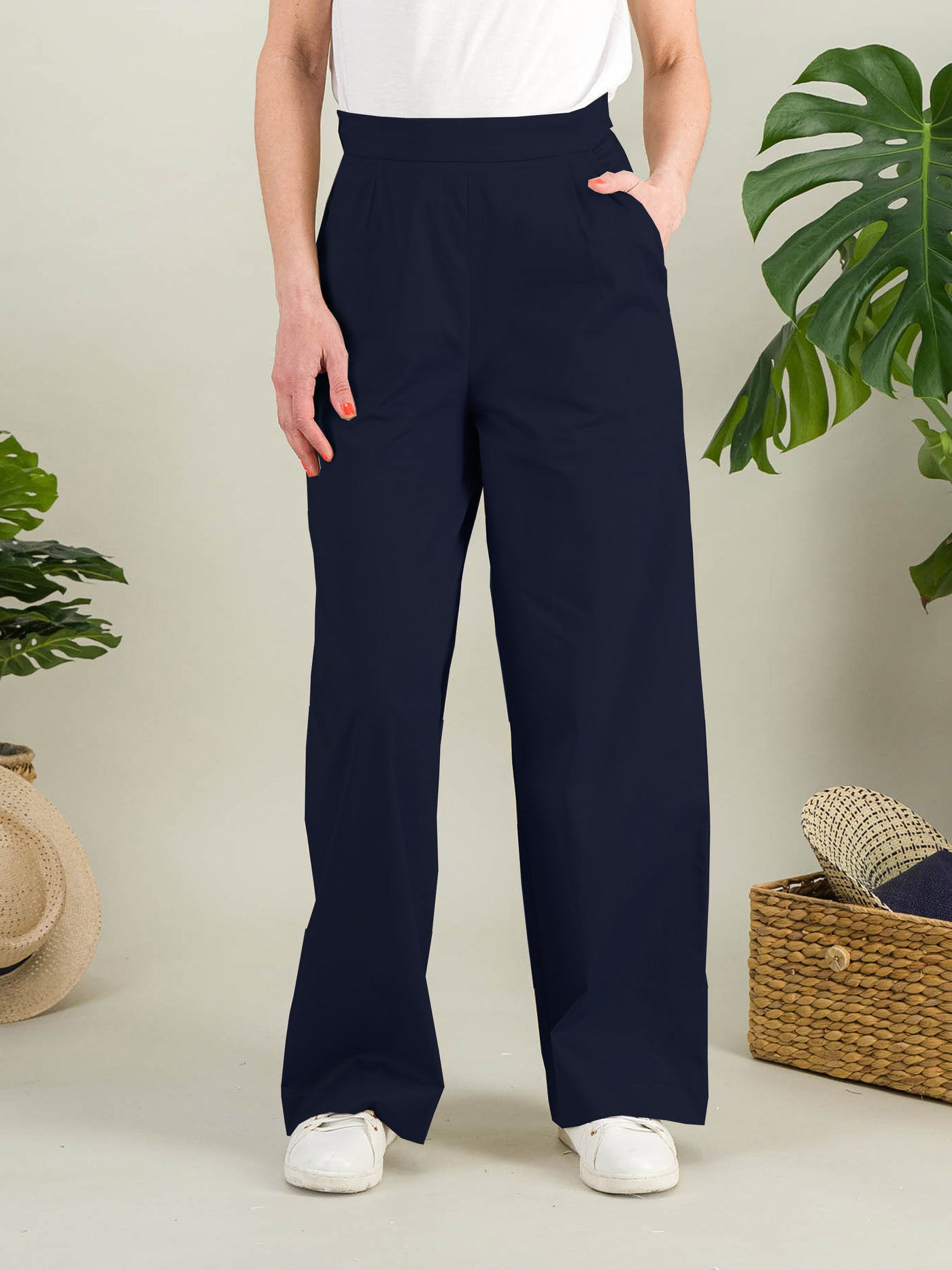 Pantalon large en coton stretch bleu marine
