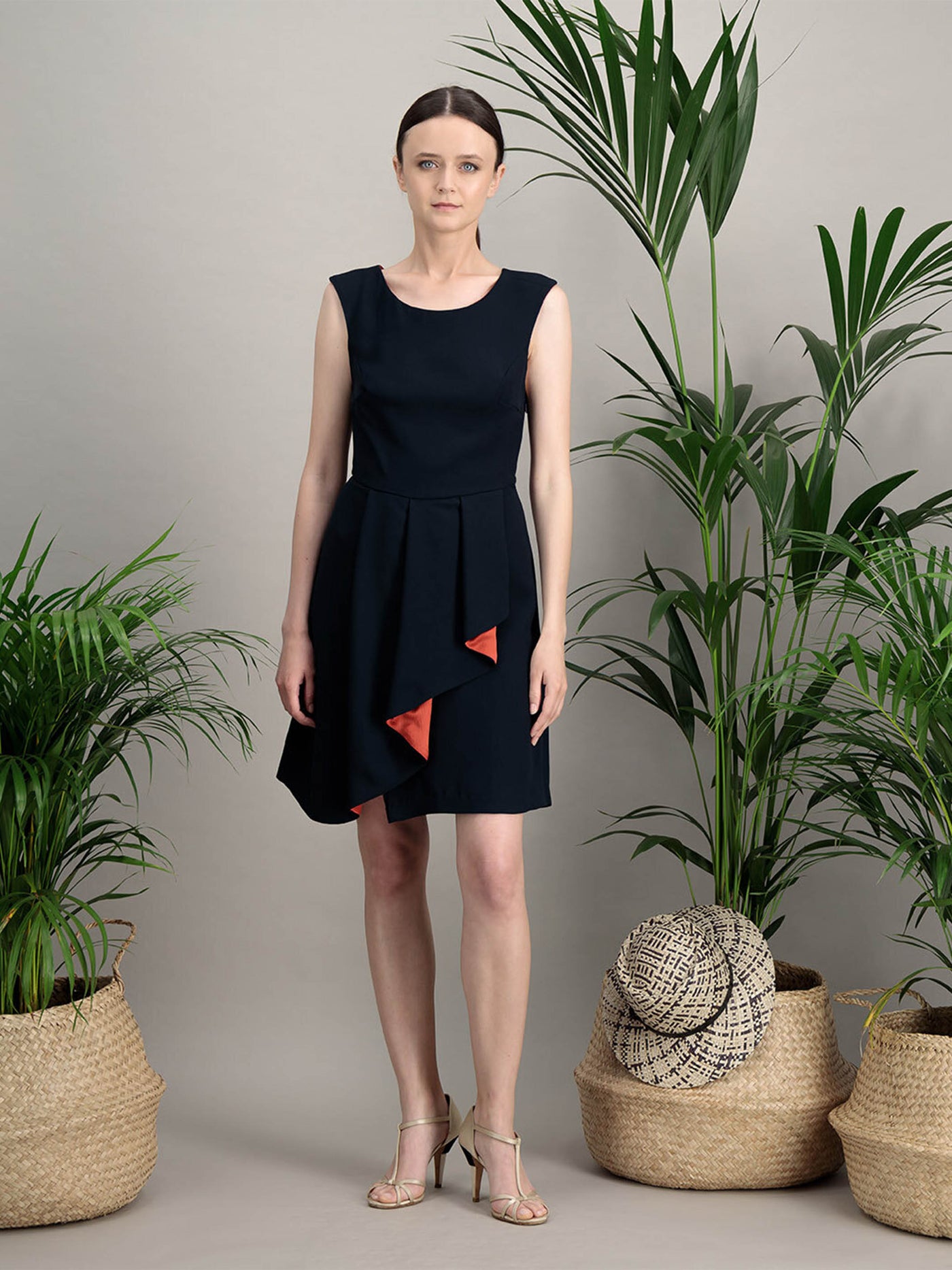 “CHAOS” DRESS in navy crepe and coral silk