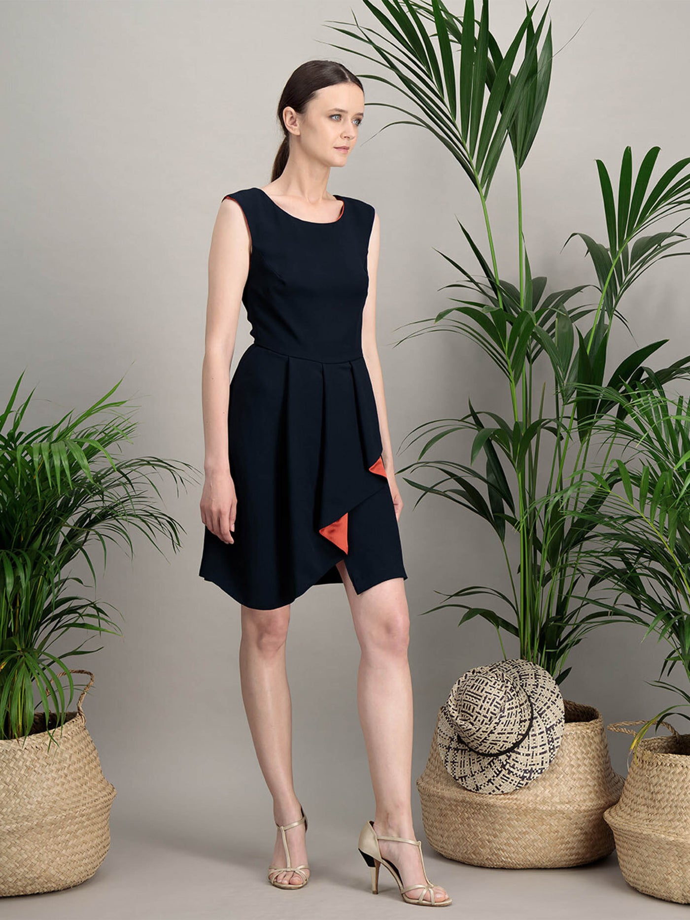 “CHAOS” DRESS in navy crepe and coral silk