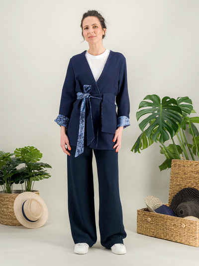 Veste kimono femme en laine et lin bleue 