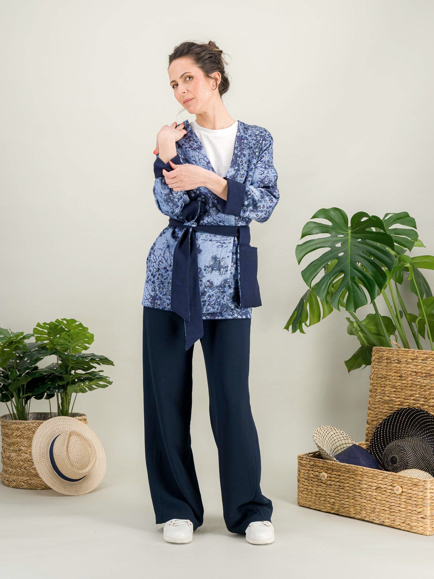 veste kimono imprimé bleu organic pour aller travailler 