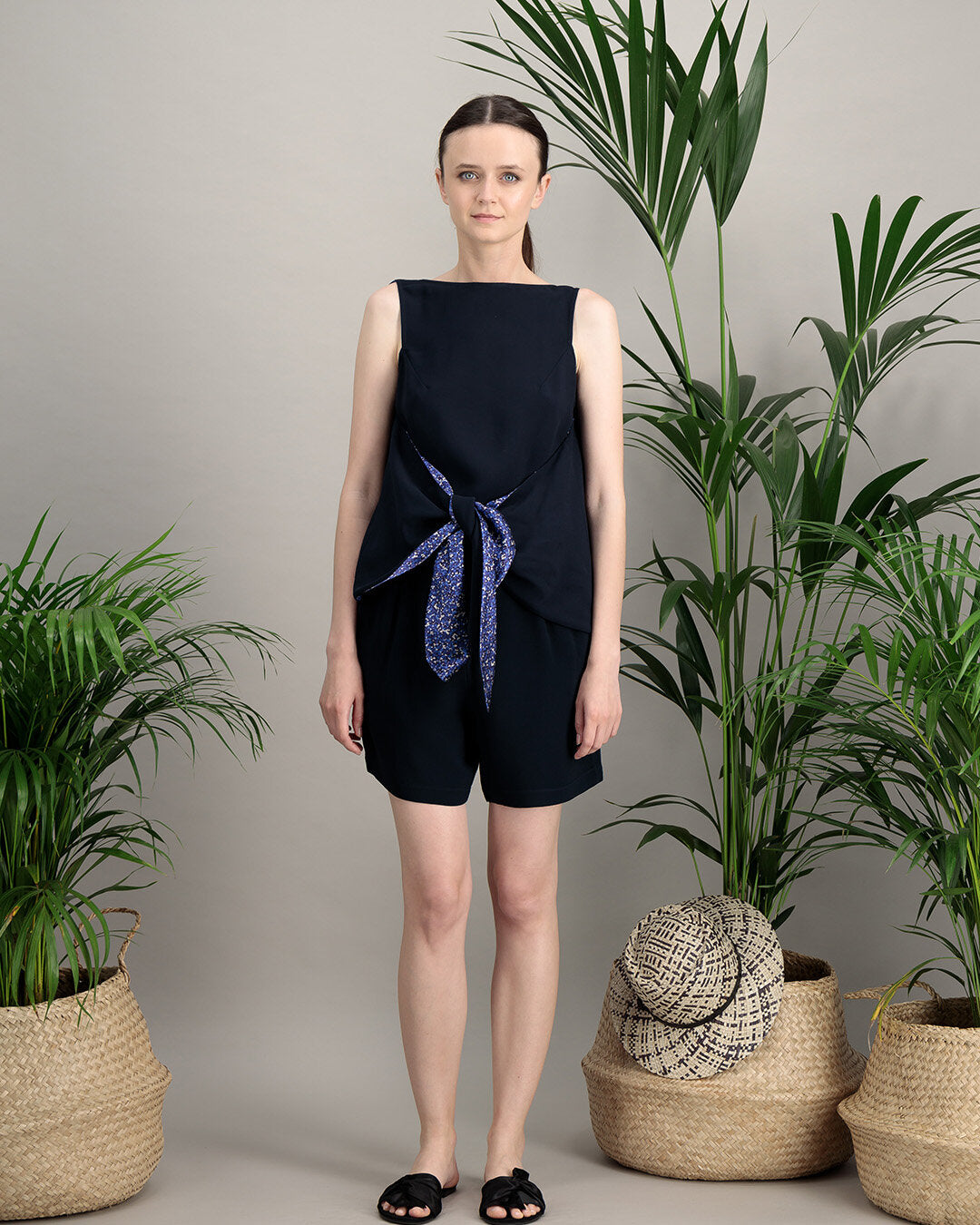 CARAPACE top in blue silk crepe and cotton