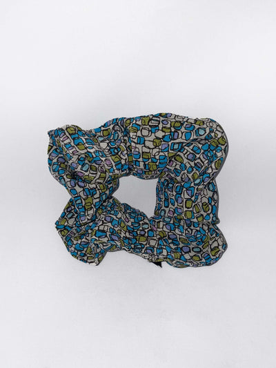 chouchou crepe de soie motif mozaique couleurs bleu et vert